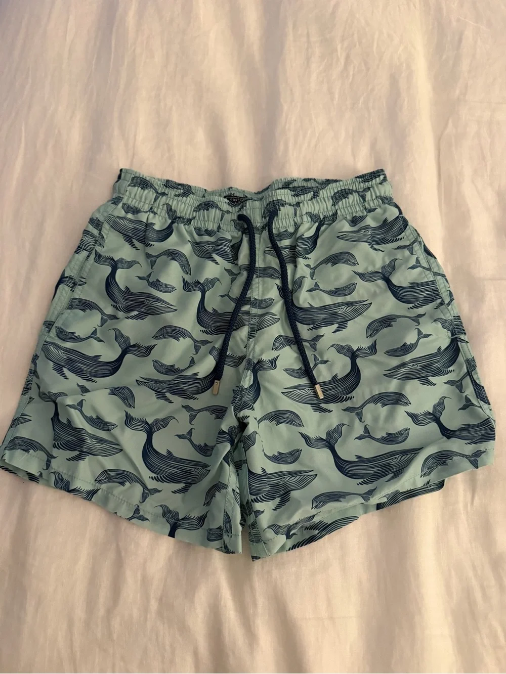Vilebrequin Light Blue Swim Shorts with Navy Whale Print